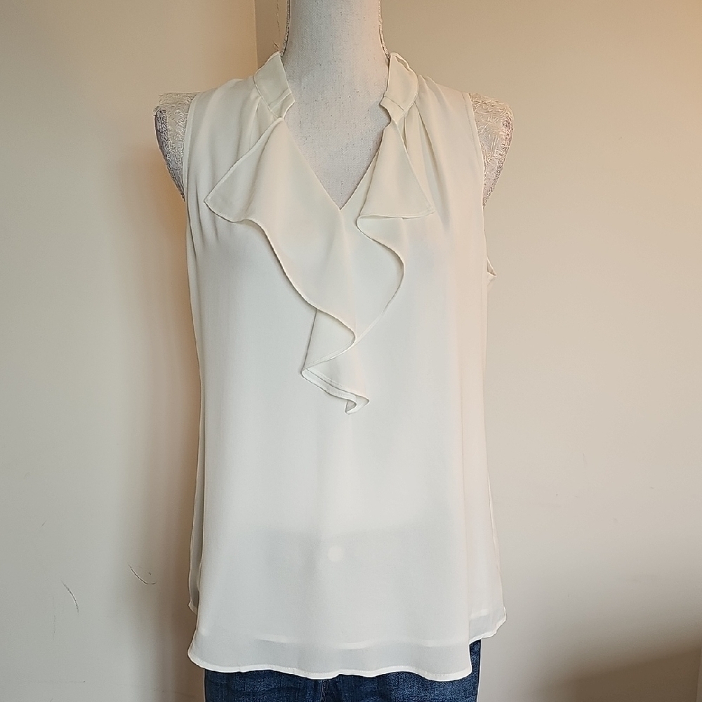White House Black Market Cream Ruffle Blouse